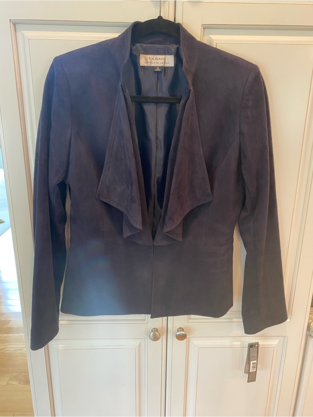 Tahari Dark Navy Suede Draped Open-Front Blazer
